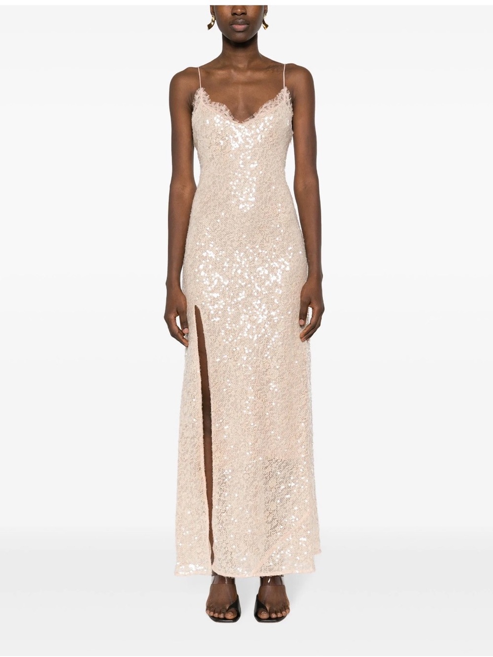 STAUD Beige Sequin Slip Maxi Dress with Side Slit